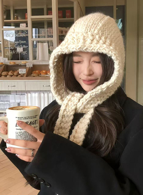 含羊毛手工针织白色帽子女2025新款秋冬韩系加厚防寒保暖毛线帽