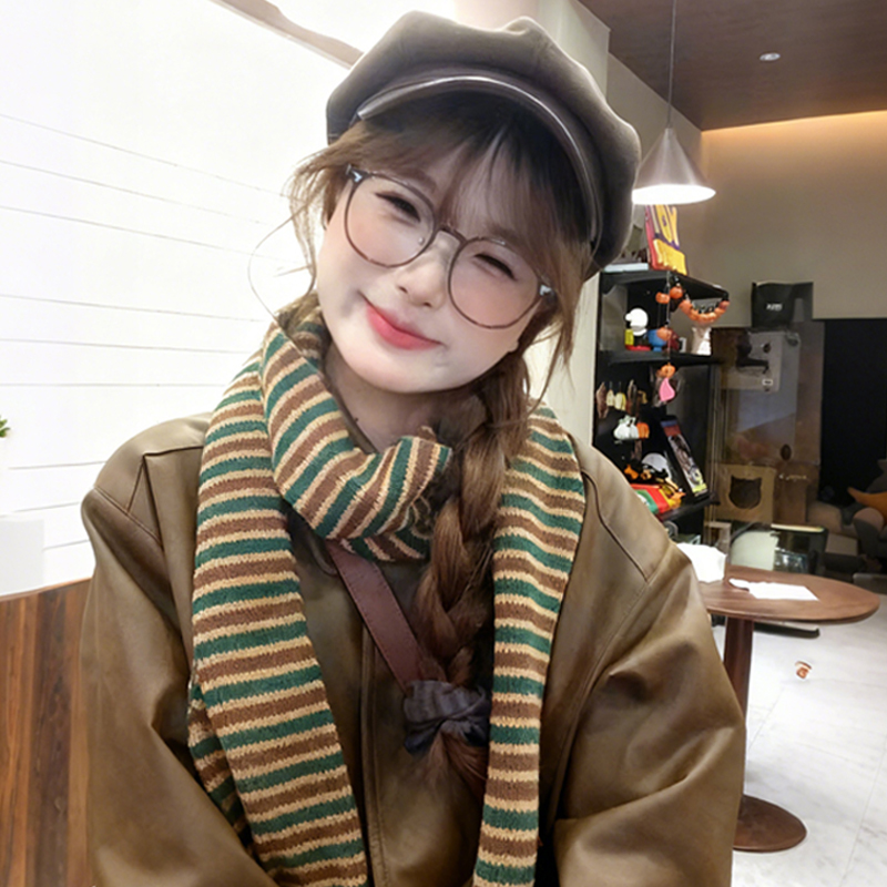 韩版绿色仿羊绒条纹围巾女2025新款冬季高级感保暖加厚针织围脖