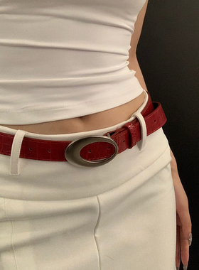 美式复古y2k金属扣腰带2026女新款红色鳄鱼纹皮革高级皮带配饰