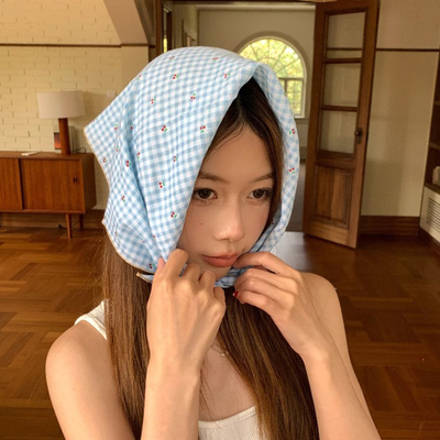 法式碎花小方巾蓝色格子波点棉麻文艺复古头巾发带围脖装饰领巾女