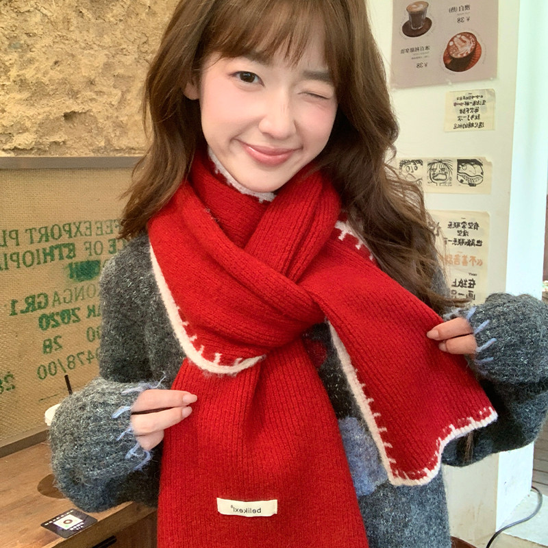 可爱圣诞红色针织围巾女2025新款冬季韩系高级感软糯加厚保暖围脖