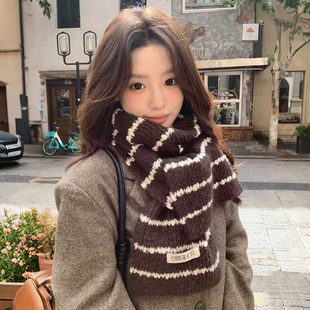 咖色韩系条纹围巾女冬季2026新款高级感羊毛保暖氛围感百搭围脖女