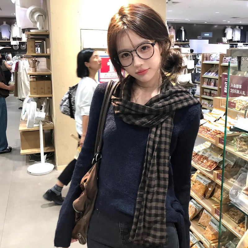 棕咖色棉麻双面格子围巾女秋冬韩系氛围感披肩外搭慵懒风护颈围脖