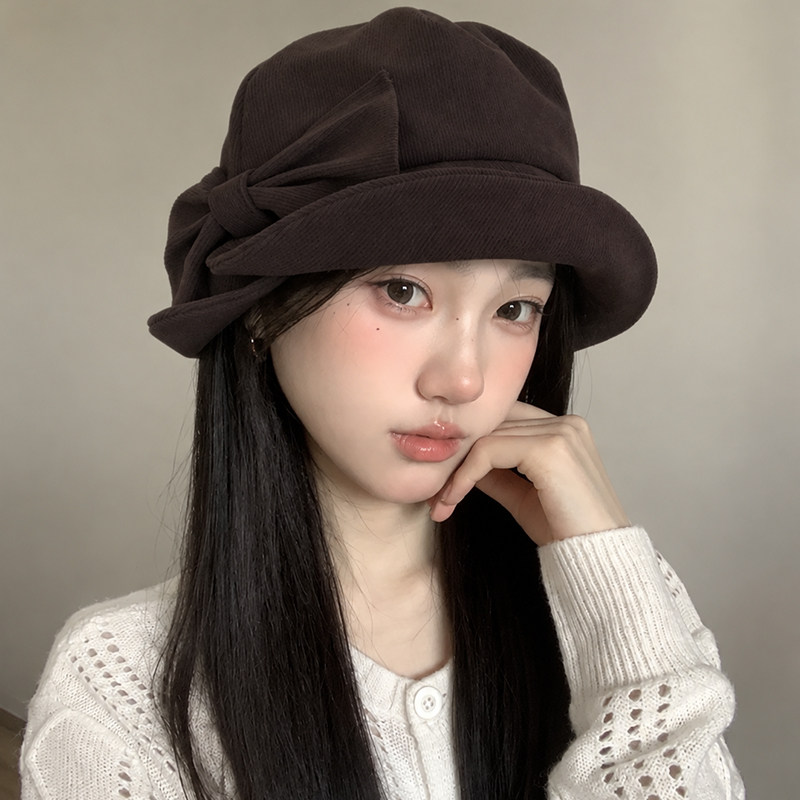 日系灯芯绒蝴蝶结渔夫帽女保暖