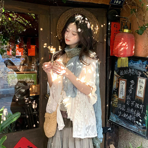 森系蓝绿拼接碎花丝巾披肩围巾女
