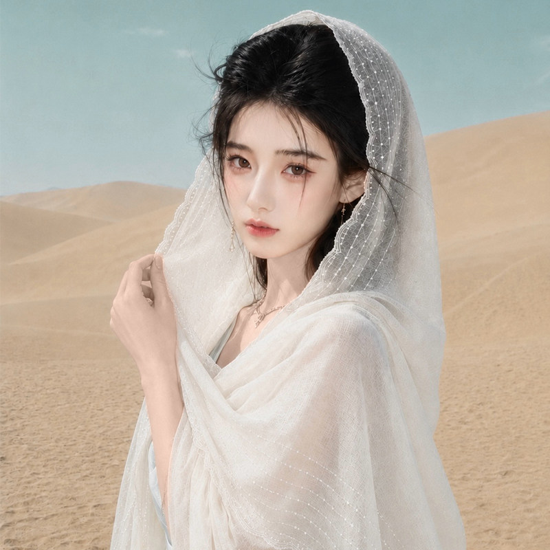 【断码清仓】白色沙漠丝巾头巾防晒披肩女薄款大西北旅游拍照纱巾