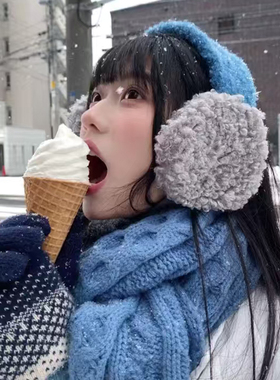 可爱蓝色羊羔毛保暖耳罩女防寒毛茸茸可系带骑行护耳防风防冻耳包