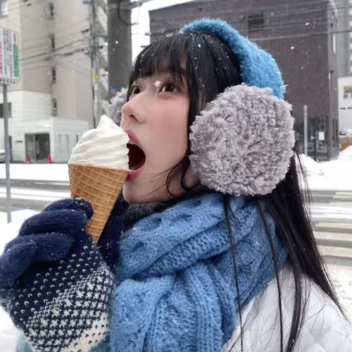 可爱蓝色羊羔毛保暖耳罩女防寒毛茸茸可系带骑行护耳防风防冻耳包