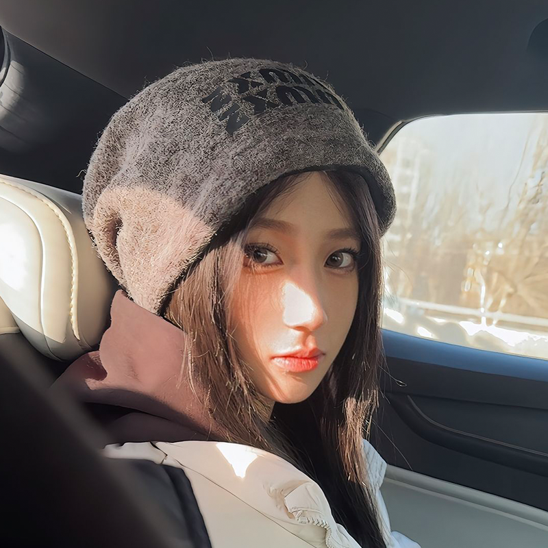 含羊毛灰色堆堆帽女百搭冷帽保暖