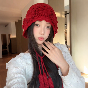 双层加厚手工钩花红色针织帽女生冬季保暖防寒包头民族风毛线帽子