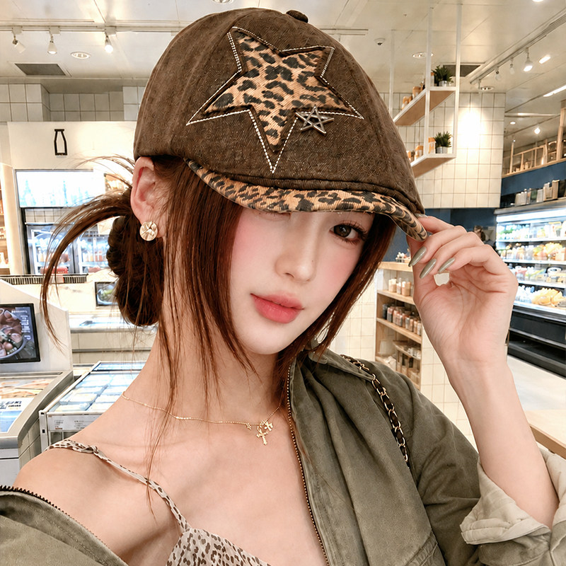 复古美式豹纹贝雷帽显脸小大头围