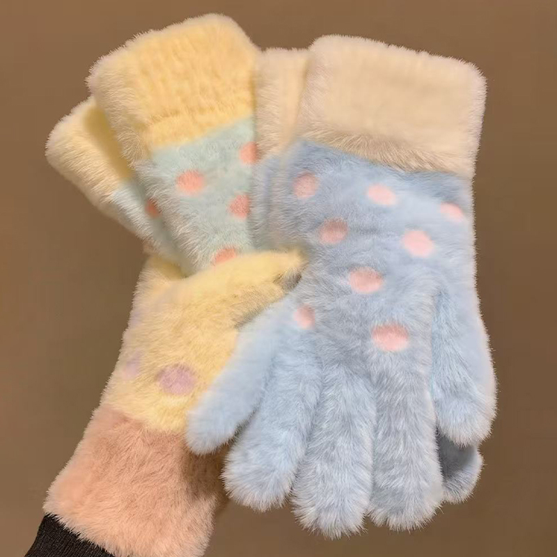 可爱蓝色波点毛绒针织触屏手套