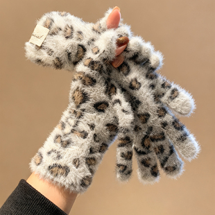 复古豹纹加绒手套女生冬加厚防风露指可触屏保暖防寒骑车分指手套