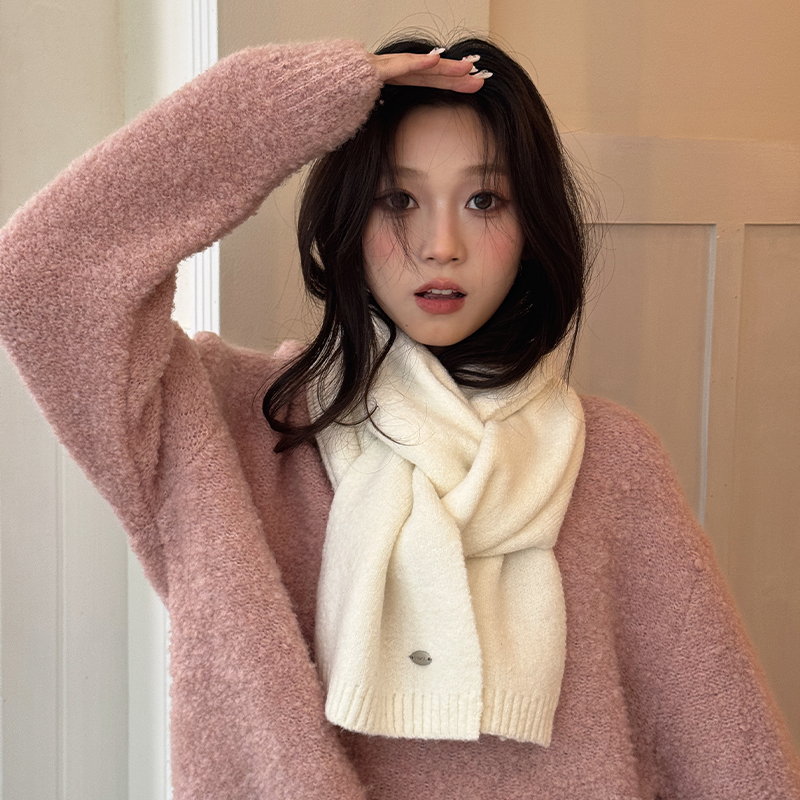 韩系白色针织围巾女秋冬季2025新款软糯含羊毛纯色加厚保暖围脖