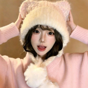 可爱小熊耳朵护耳针织帽子女冬季2026新款加厚保暖显脸小毛绒帽