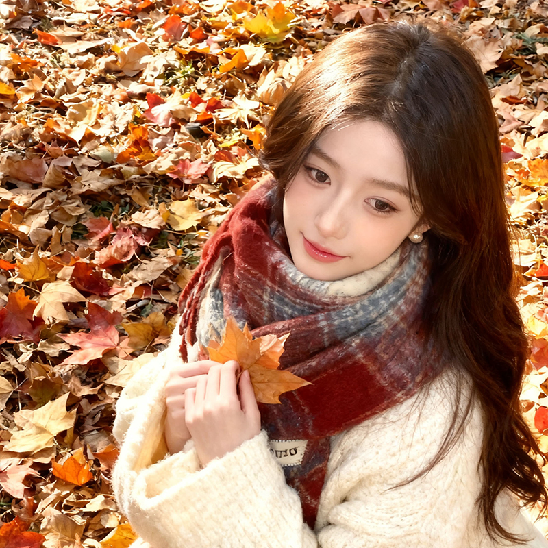 酒红色韩系渐变格子围巾女2025年秋冬新款氛围感围脖加厚保暖披肩