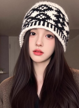 复古拼色菱形格子针织毛线帽子女秋冬季小众设计感显脸小包头冷帽