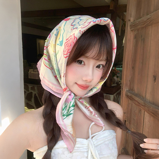 田园风蝴蝶花头巾多巴胺彩色丝巾系脖海边沙滩防晒抹胸小方巾