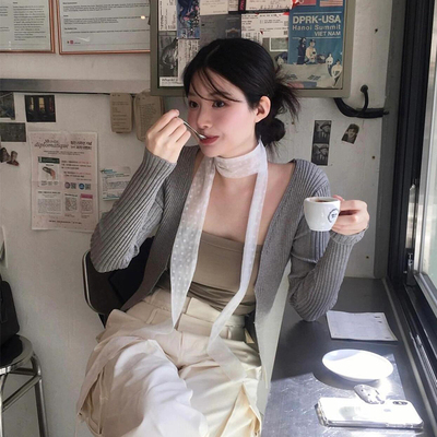 法式复古白色波点长款丝巾飘带女