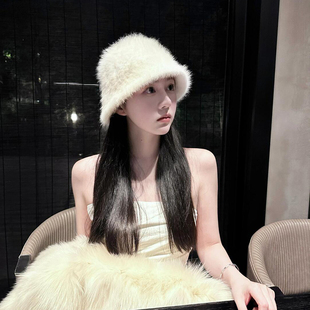 毛茸茸仿兔毛渔夫帽子女秋冬季2025新款高级感大头围显脸小水桶帽