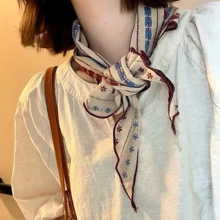 复古棉麻三角巾丝巾2026新款百搭护颈头巾装饰领巾高级感围脖配饰