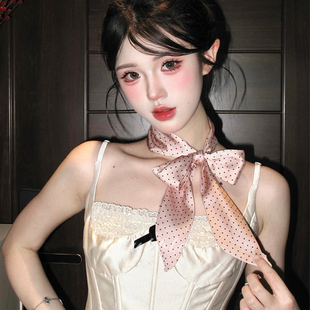 韩系芭蕾风粉色波点长条丝巾新款高级感绸面围脖系脖配饰飘带女生