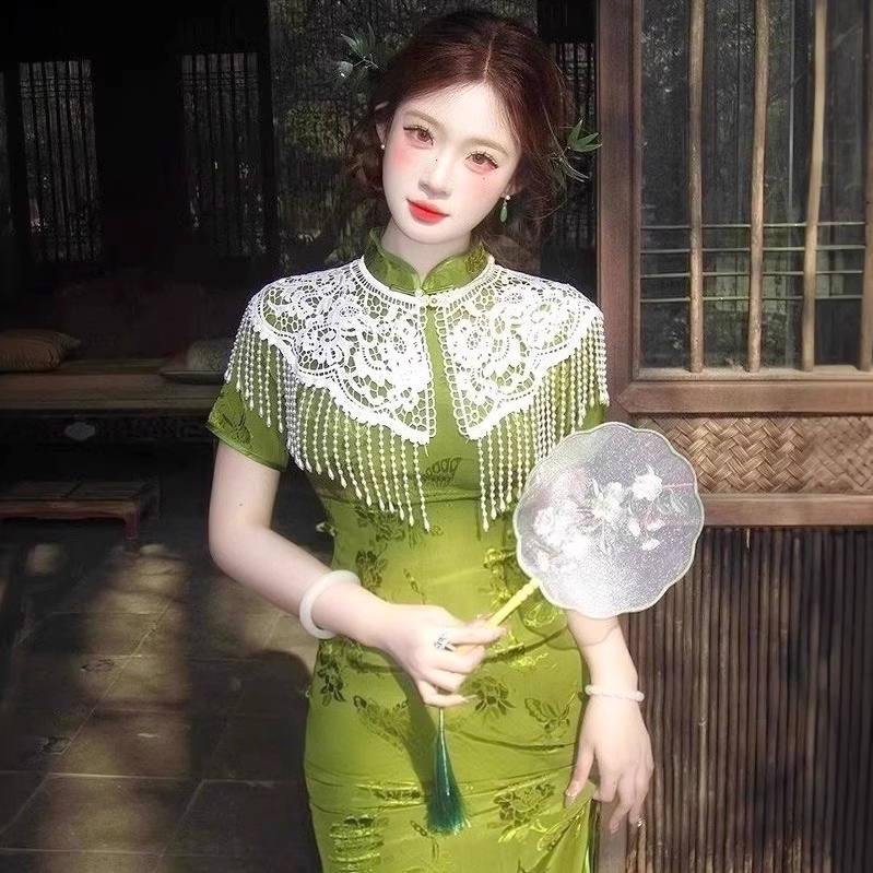 旗袍云肩新中式珍珠流苏披肩坎肩中国风汉服领子重工复古蕾丝配饰