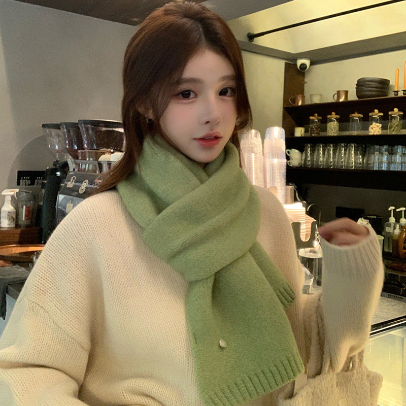 绿色羊毛针织围巾女冬季2025新款韩系高级感纯色百搭加厚保暖围脖