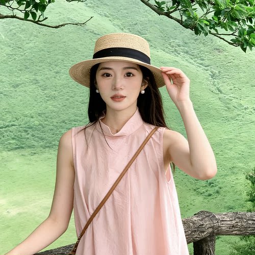 法式平顶编织草帽女遮阳防晒