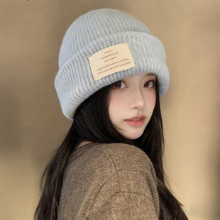 蓝色针织毛线帽子女秋冬韩系保暖贴布大头围百搭显脸小护耳冷帽