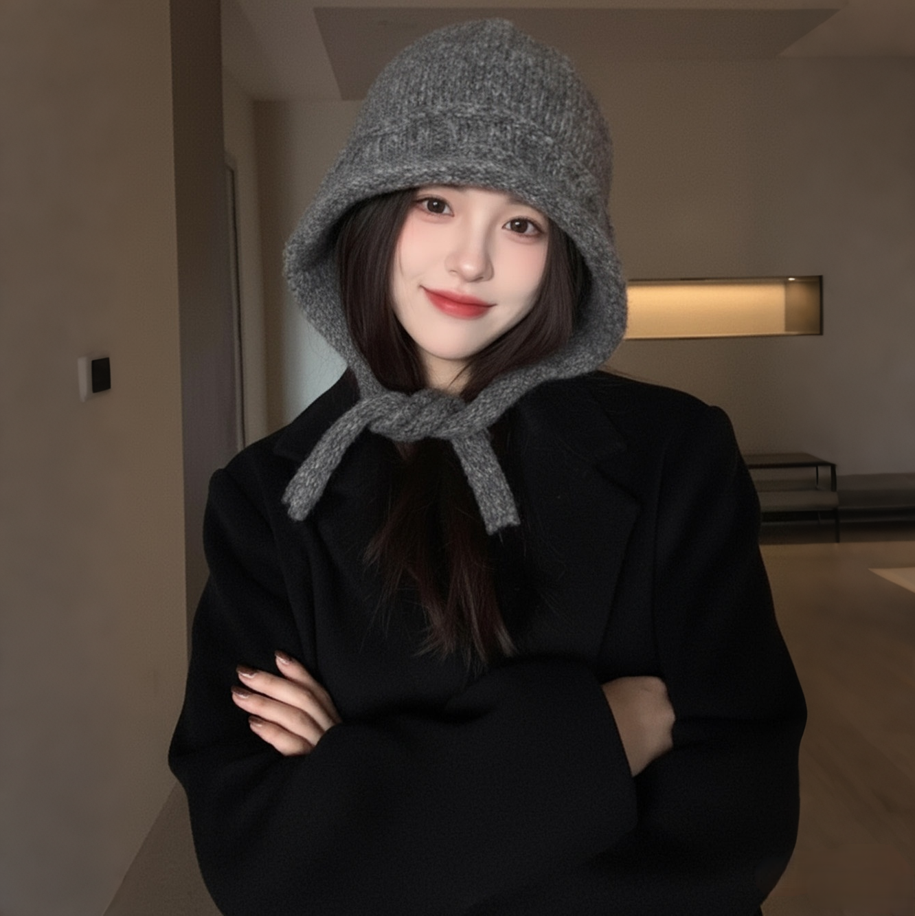 灰色针织帽子女款冬2025新款保暖御寒大头围显脸小绑带毛线帽冬帽