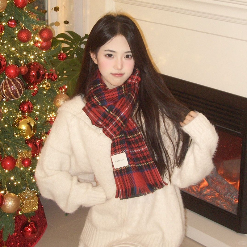红色圣诞围巾女冬季2025新款高级韩系氛围感百搭加厚保暖围脖新年