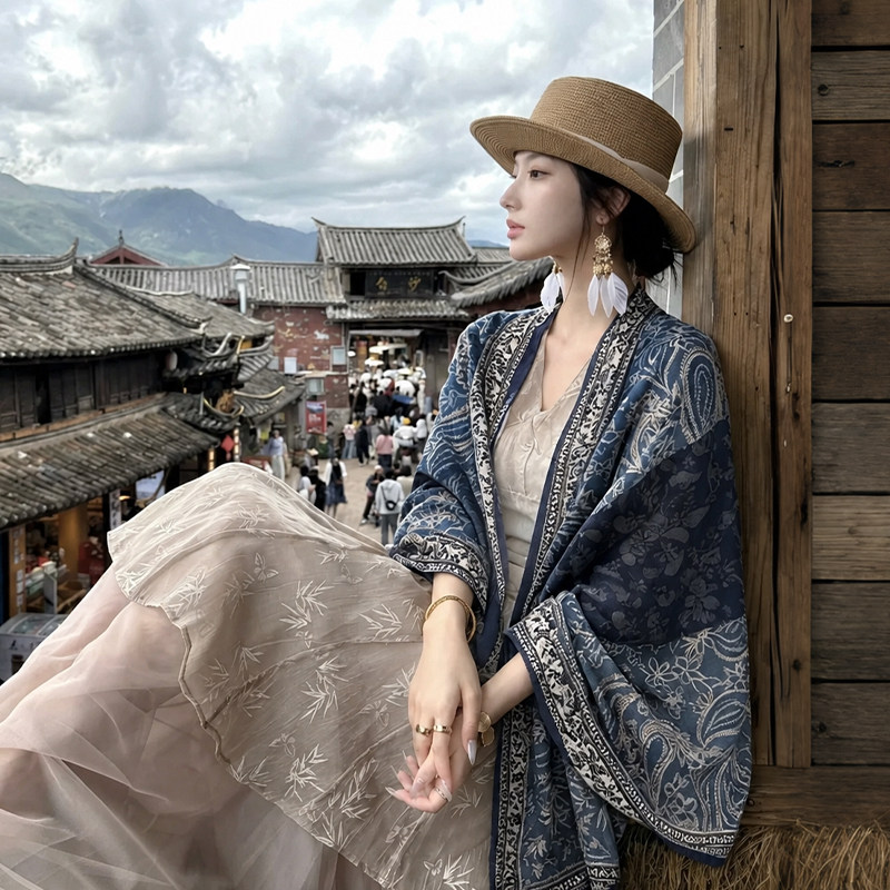 民族风披肩女棉麻春夏防晒云南旅游拍照围巾丝巾方巾空调房外搭