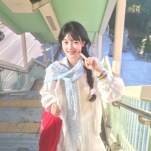 韩系春季薄款蓝色碎花长条丝巾女