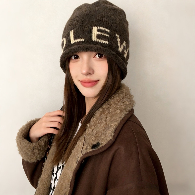 韩系咖色字母针织冷帽女秋冬显脸小毛线帽大头围堆堆帽包头帽子