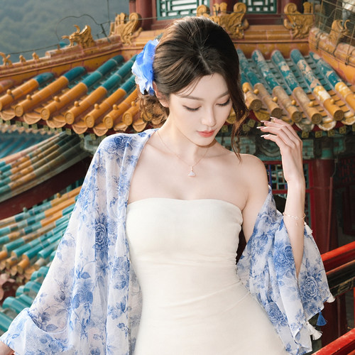 青花瓷水墨画披肩女外搭