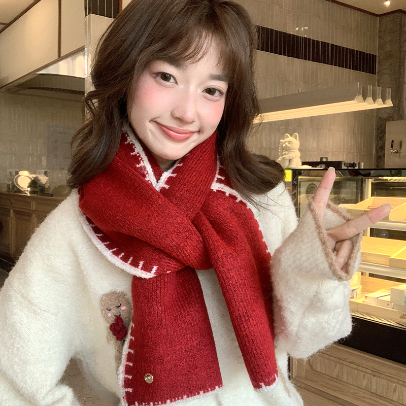 新年红色锁边针织围巾秋冬季2025新款韩系高级感加厚保暖护颈围脖