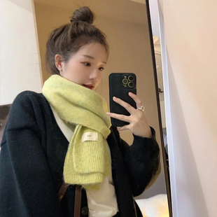 韩国egg毛线绿色针织围巾女2025新款 冬高级感含羊毛纯色加厚围脖