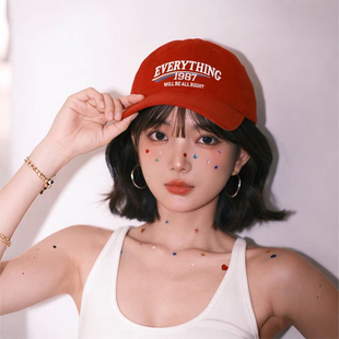 美式红色鸭舌帽子女款大帽檐显脸小韩系大头围刺绣软顶棒球帽男