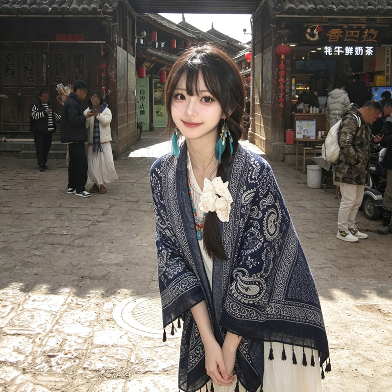 藏青色腰果花披肩云南旅游必备