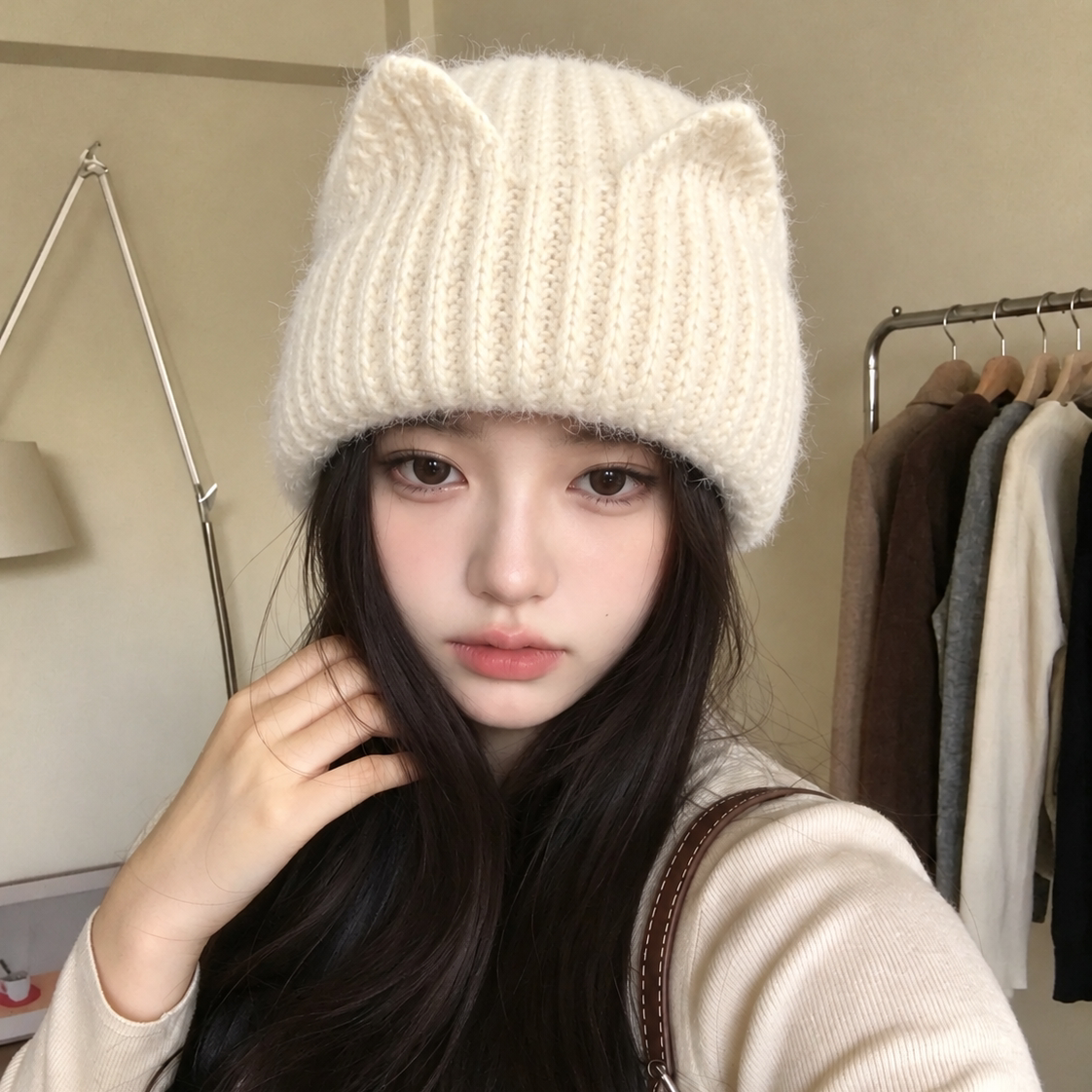 白色可爱猫耳朵针织帽子女秋冬