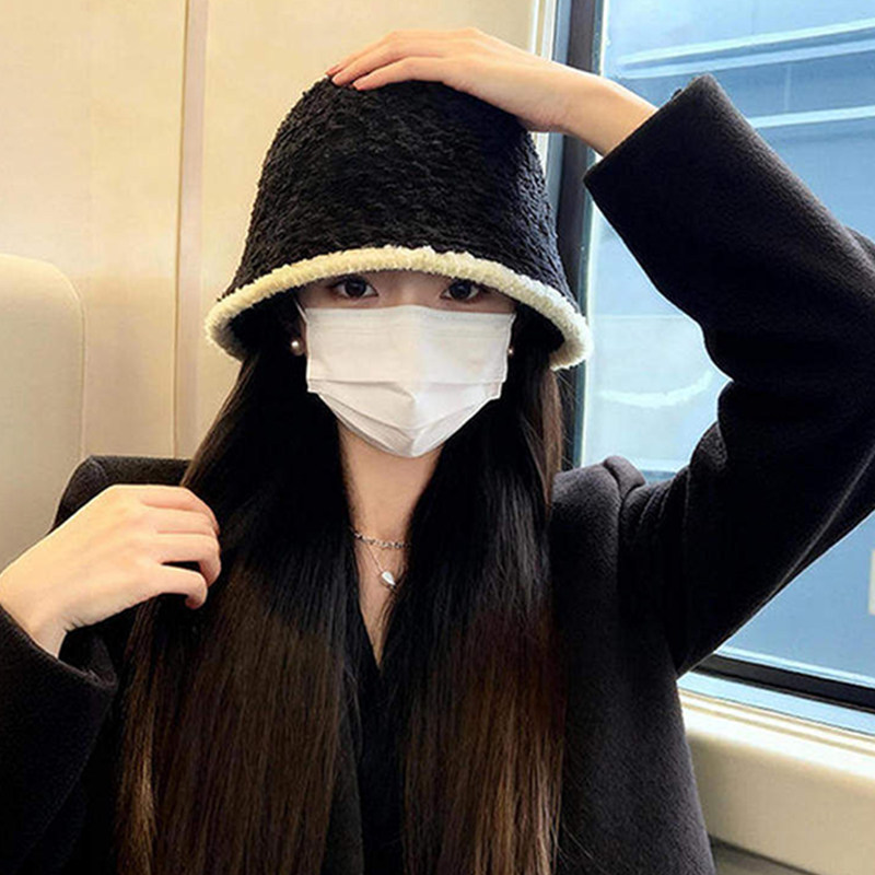 黑色毛绒针织渔夫帽女冬季保暖防寒水桶帽大头围显脸小洋气月子帽