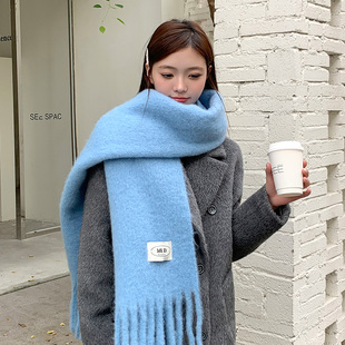 【断码清仓】软糯仿羊绒蓝色围巾女冬季韩系氛围感加厚保暖围脖