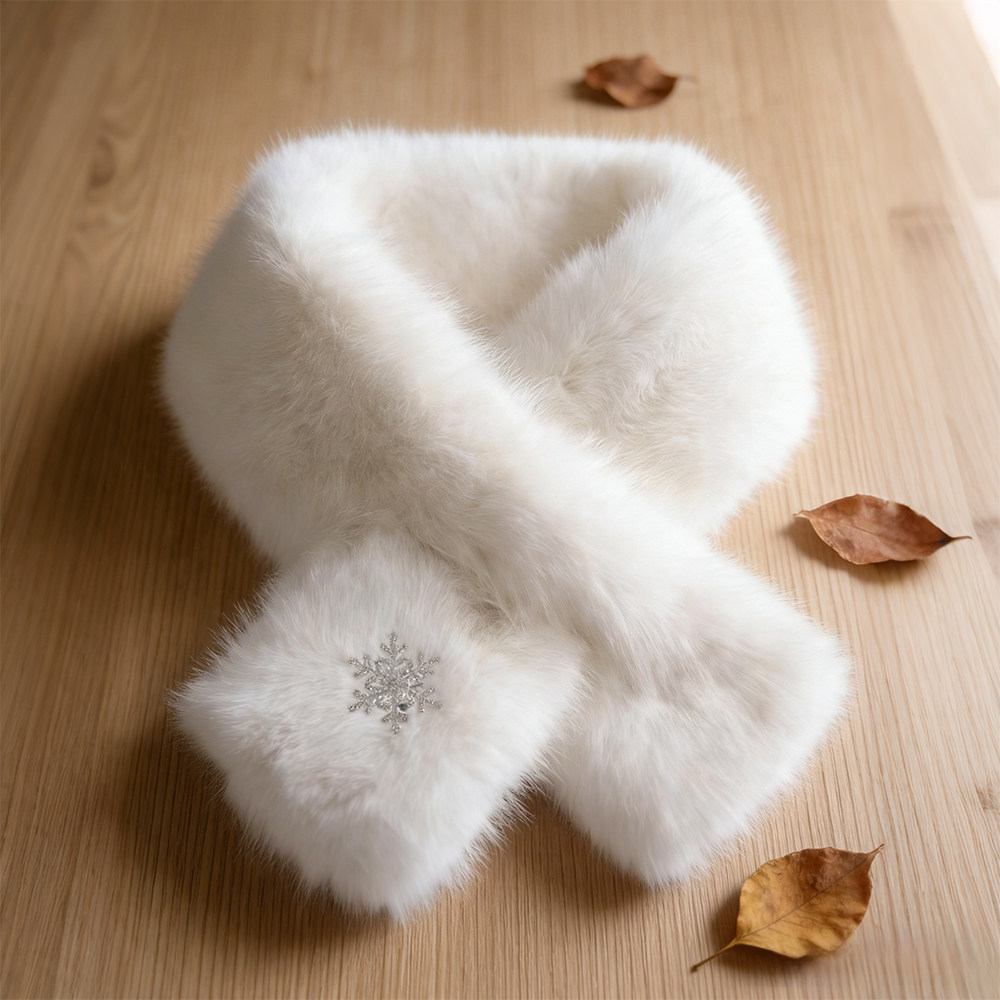 雪花白色毛领围脖女冬季加厚仿皮草交叉小围巾高级感保暖毛毛脖套