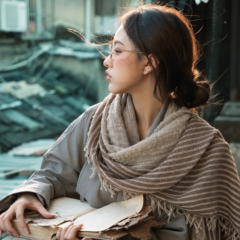 条纹拼接民族风棉麻长款披肩女