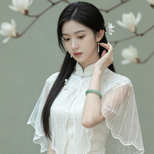 白色蕾丝网纱亮片旗袍披肩女