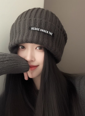 深灰色针织毛线帽子女2025新款冬大头围保暖护耳冷帽显脸小堆堆帽