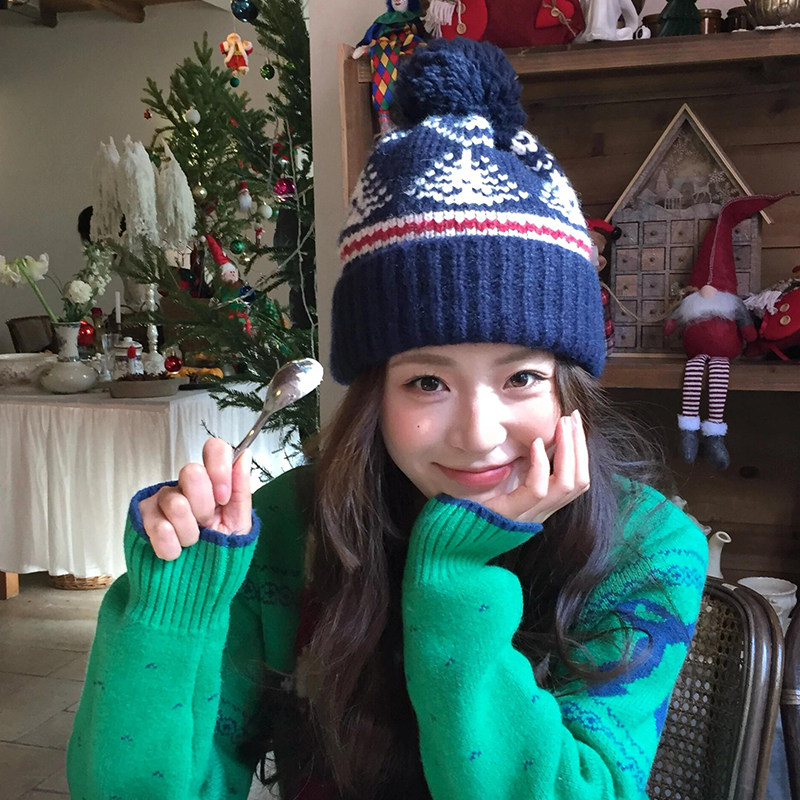 费尔岛风针织帽毛球提花毛线帽子女士冬季新款加厚保暖防风护耳帽