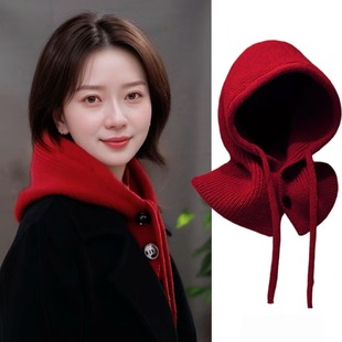 红色针织围巾一体帽子女2025新款冬季护颈保暖毛线围脖韩系拉法帽