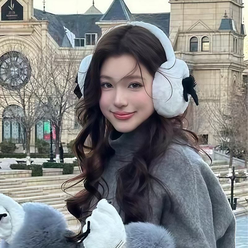 法式赫本风白色毛绒蝴蝶结耳罩秋冬季高级感护耳防寒保暖加厚耳套